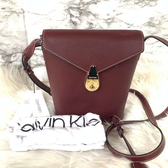 Calvin Klein Lock Bucket Leather Merlot Crossbody - Picture 5 of 13